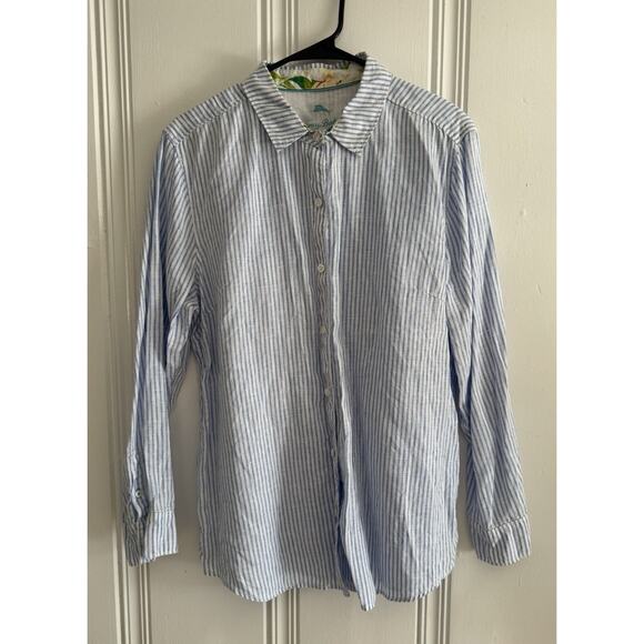 Tommy Bahama Men’s L 100% Linen Slim Fit Blue White Stripe Reverse Print Shirt - Picture 1 of 15